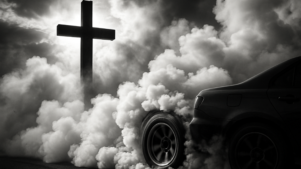 tires burning rubber and a jesus cross